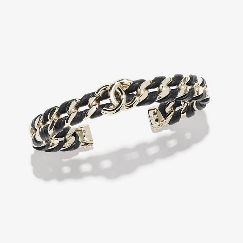 Chanel 26C Black Leather Cuff 18K Gold Bracelet