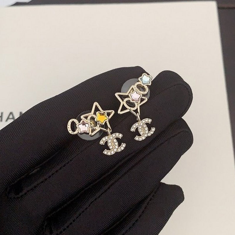 Chanel Color Crystal Star 18K Gold Earrings