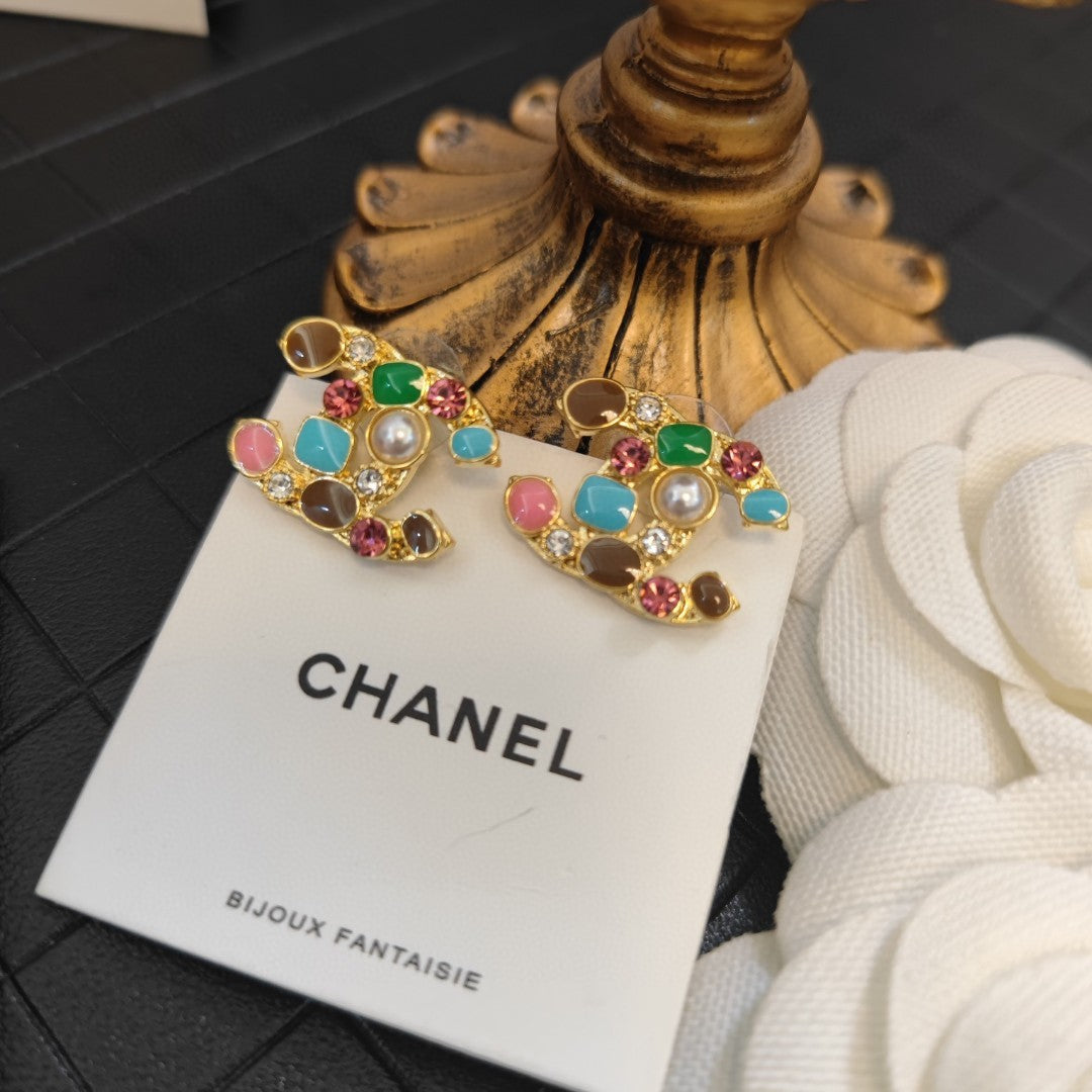 Chanel Multi-Color Crystals 18K Gold Earrings