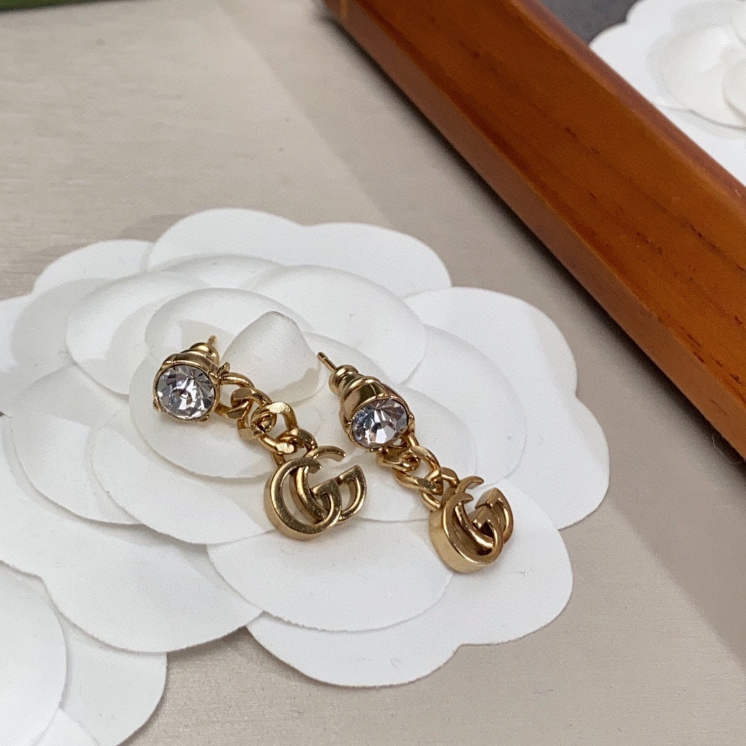 Gucci Double Crystal Chain 18K Gold Earrings