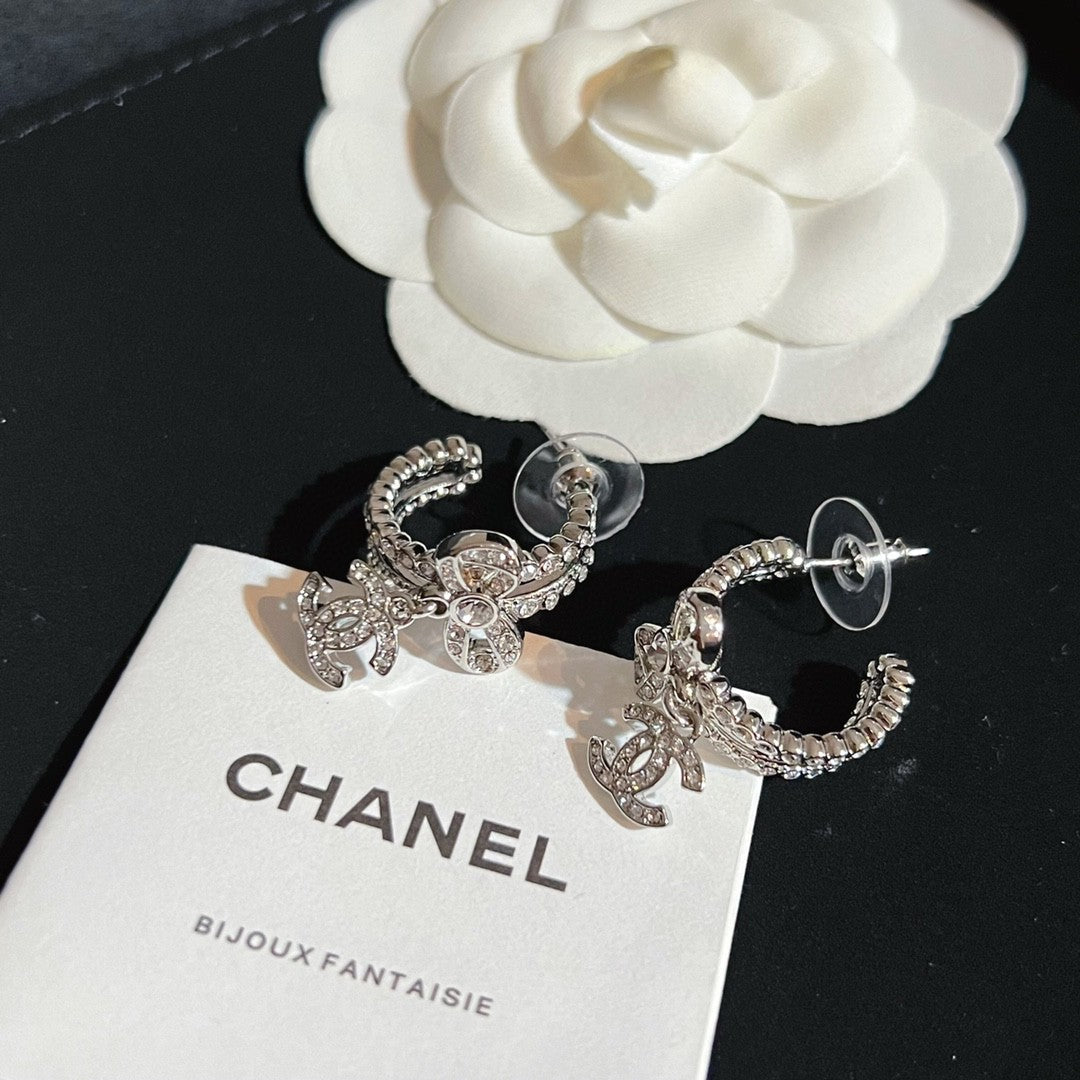 Chanel Diamond Pendant 18K Gold Earrings