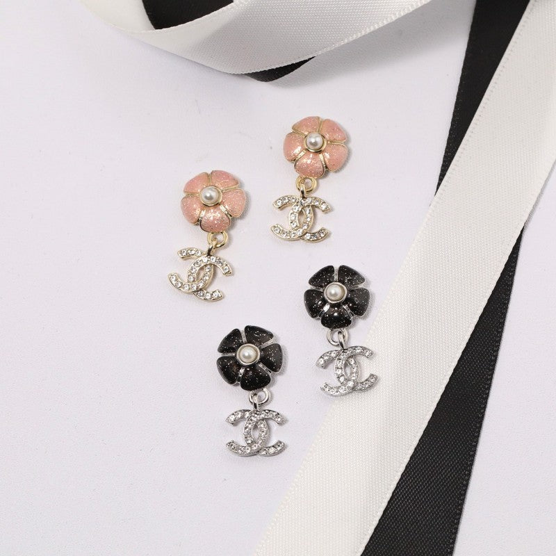 Chanel Black & Pink Camellia Diamond 18K Gold Earrings