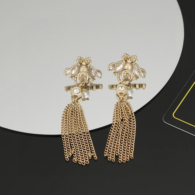 Gucci Double Bee Tassel Crystal 18K Gold Earrings