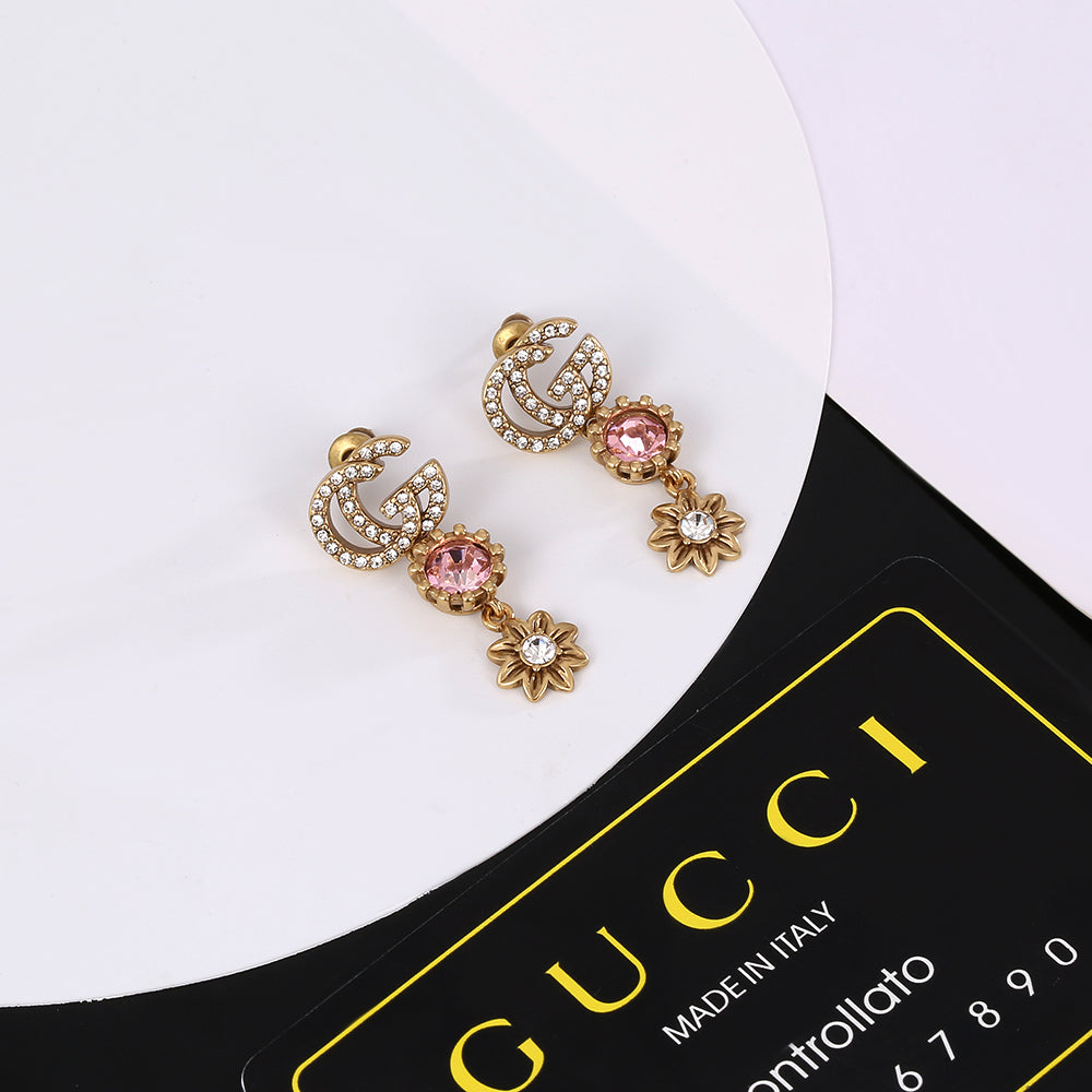 Gucci Double Flower Crystal 18K Gold Earrings