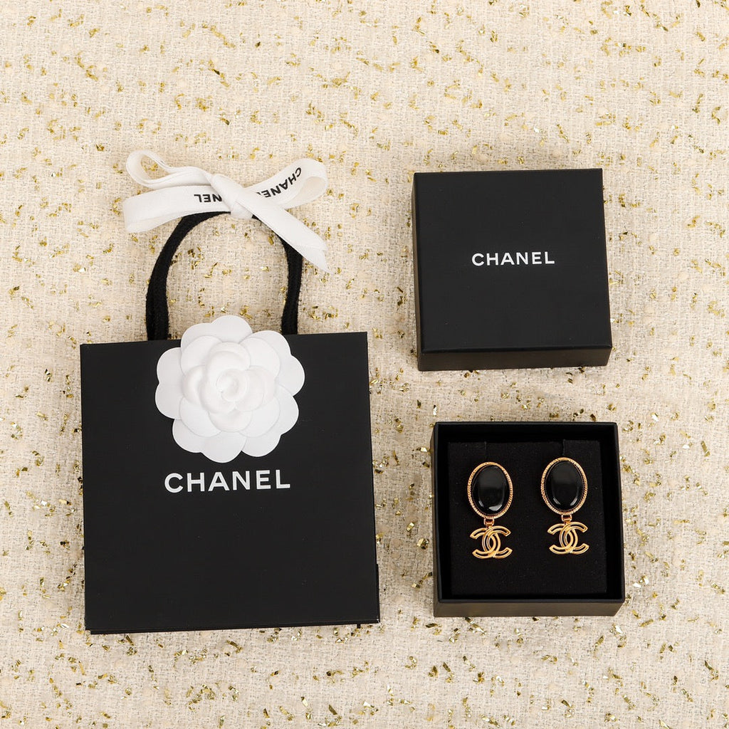 Chanel Black Crystal Pendant 18K Gold Earrings