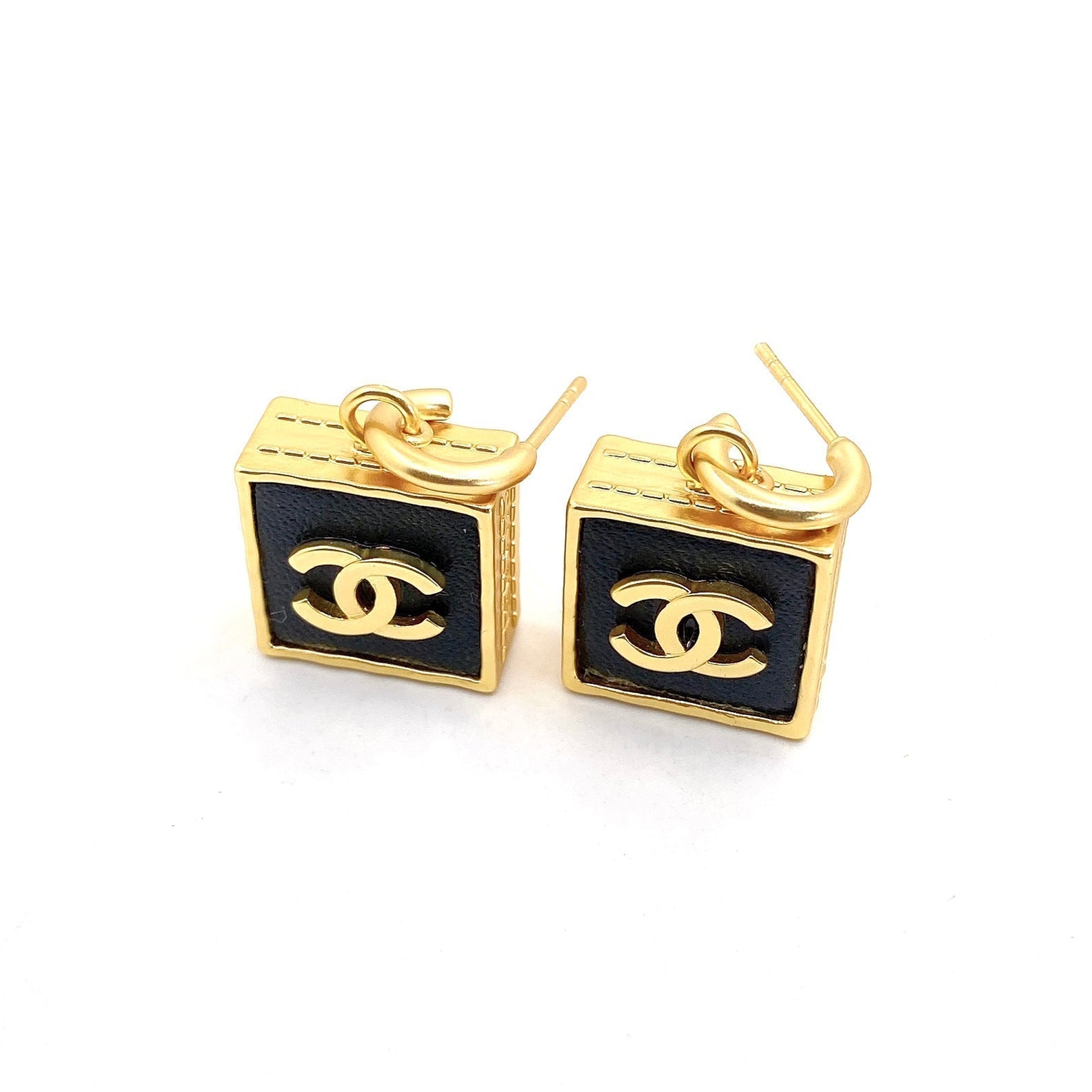 Chanel Black Bag Pendant 18K Gold Earrings