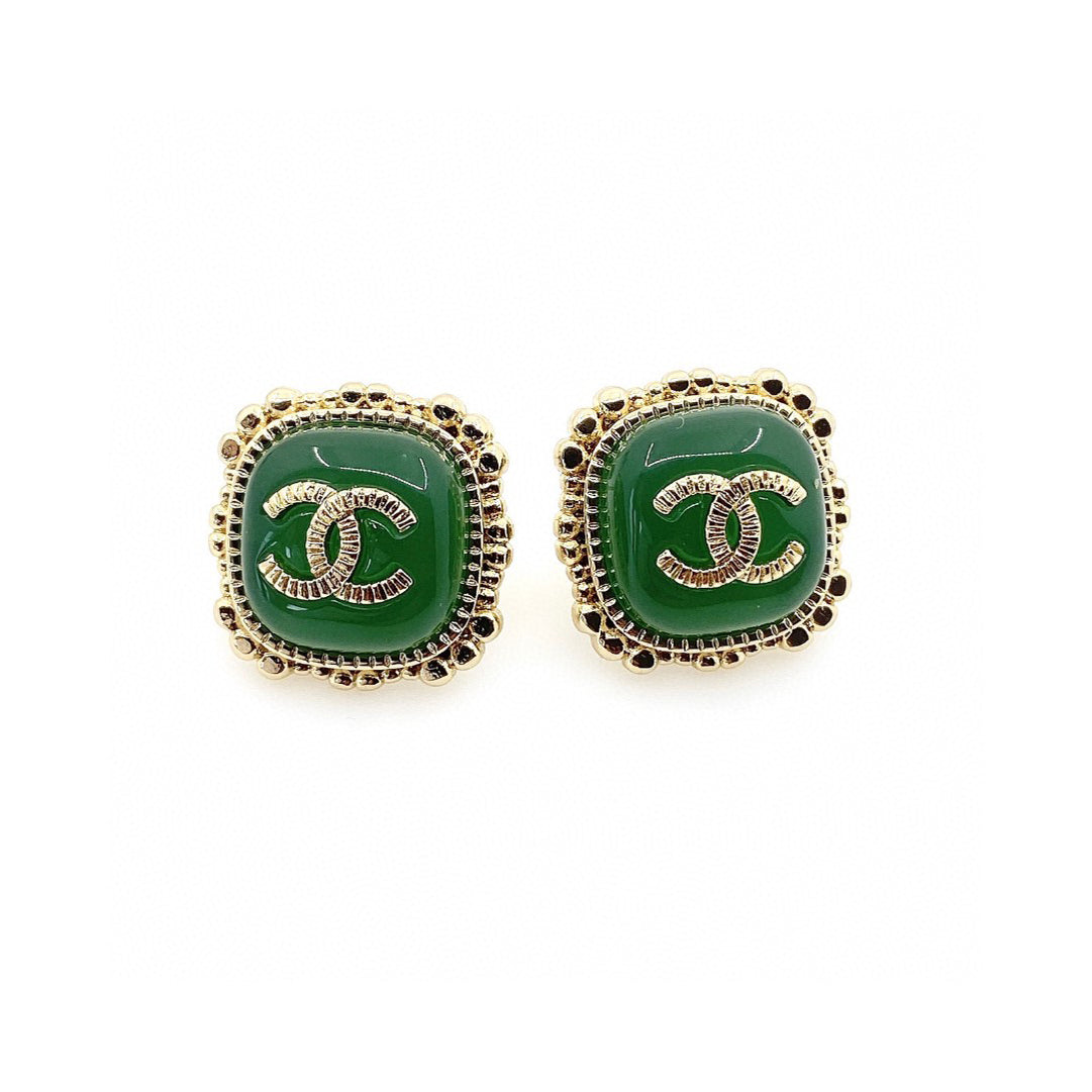 Chanel Green Square 18K Gold Earrings