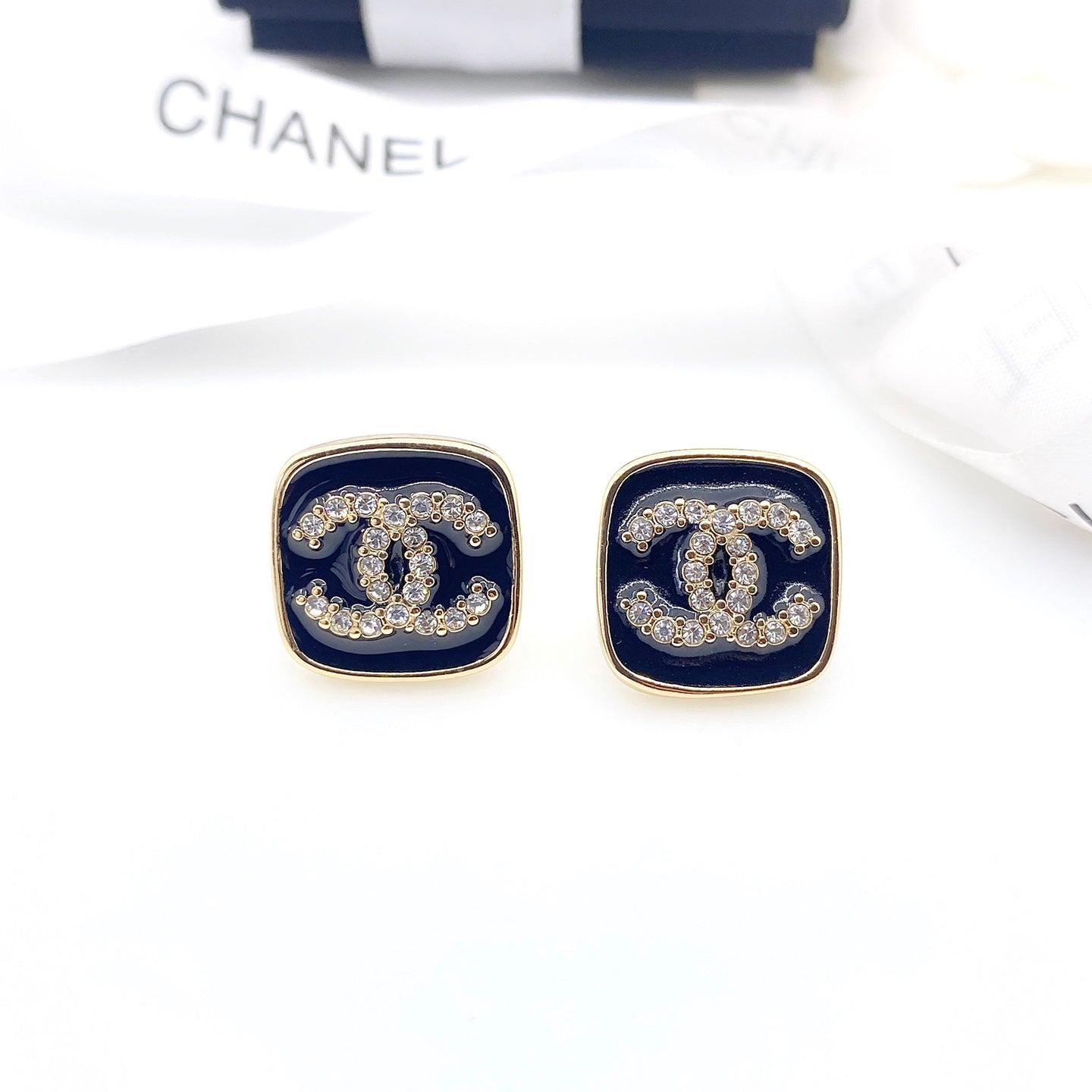 Chanel Square Resin Diamond 18K Gold Earrings