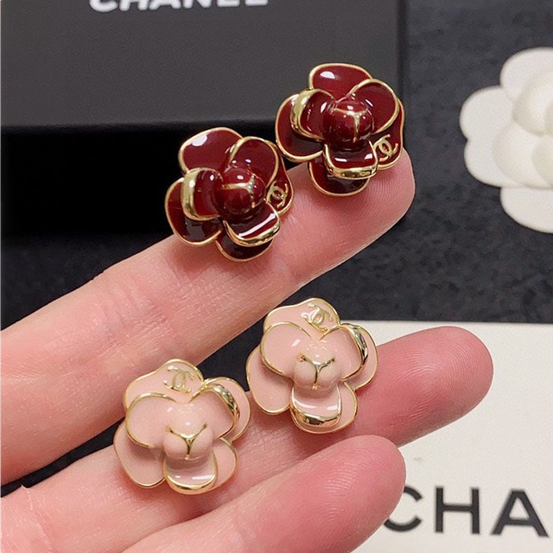 Chanel Red & Pink Camellia 18K Gold Earrings