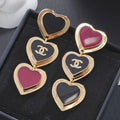 Chanel Black & Red Heart Gold Long 18K Gold Earrings