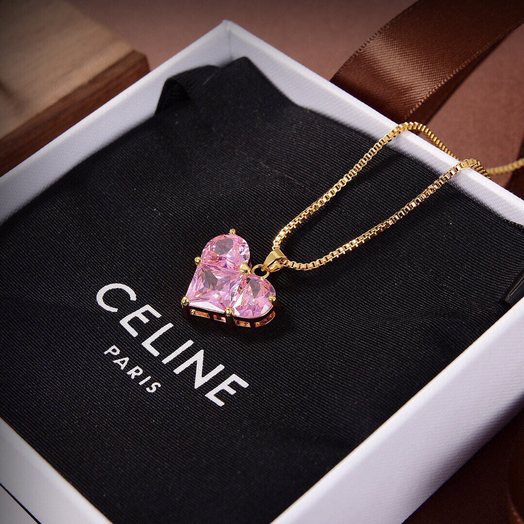 Celine Pink Heart Crystal 18K Gold Necklace