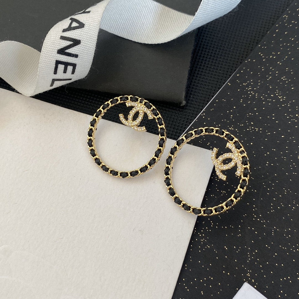 Chanel Black Leather Circle 18K Gold Earrings