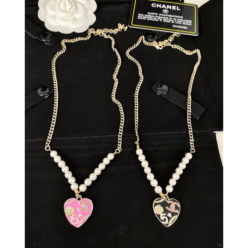 Chanel Pink & Black Heart Pearl 18K Gold Necklace