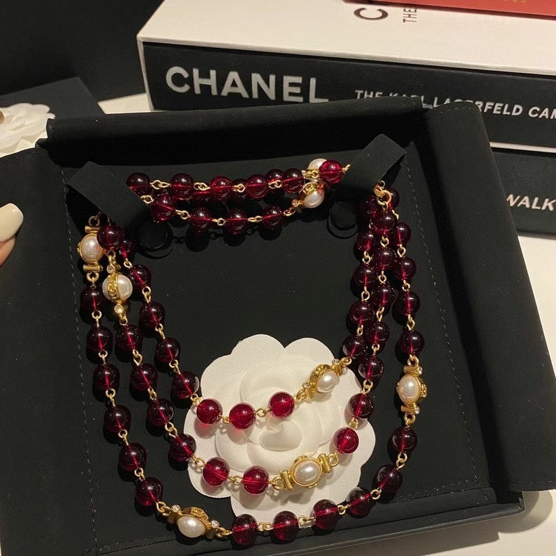Chanel Long Red & White Pearls 18K Gold Necklace