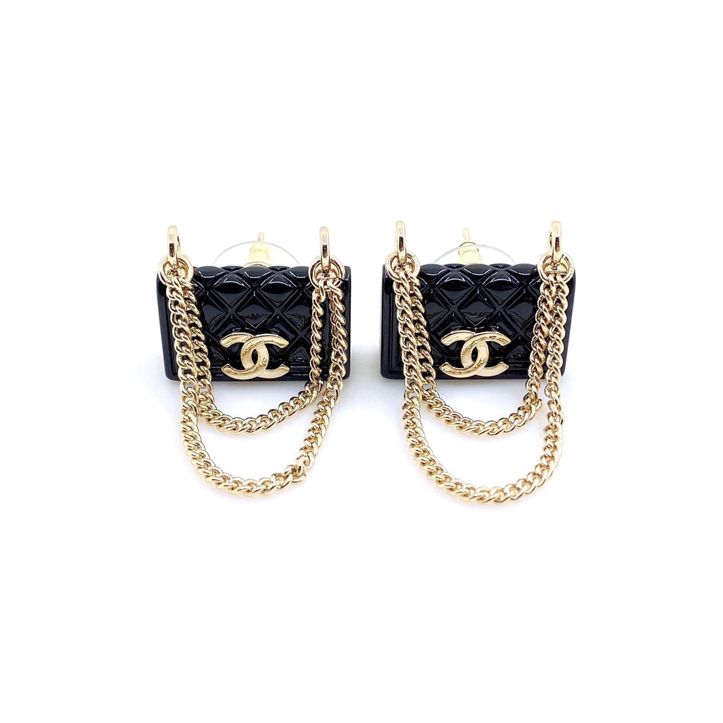 Chanel Black Bag Pendant 18K Gold Earrings
