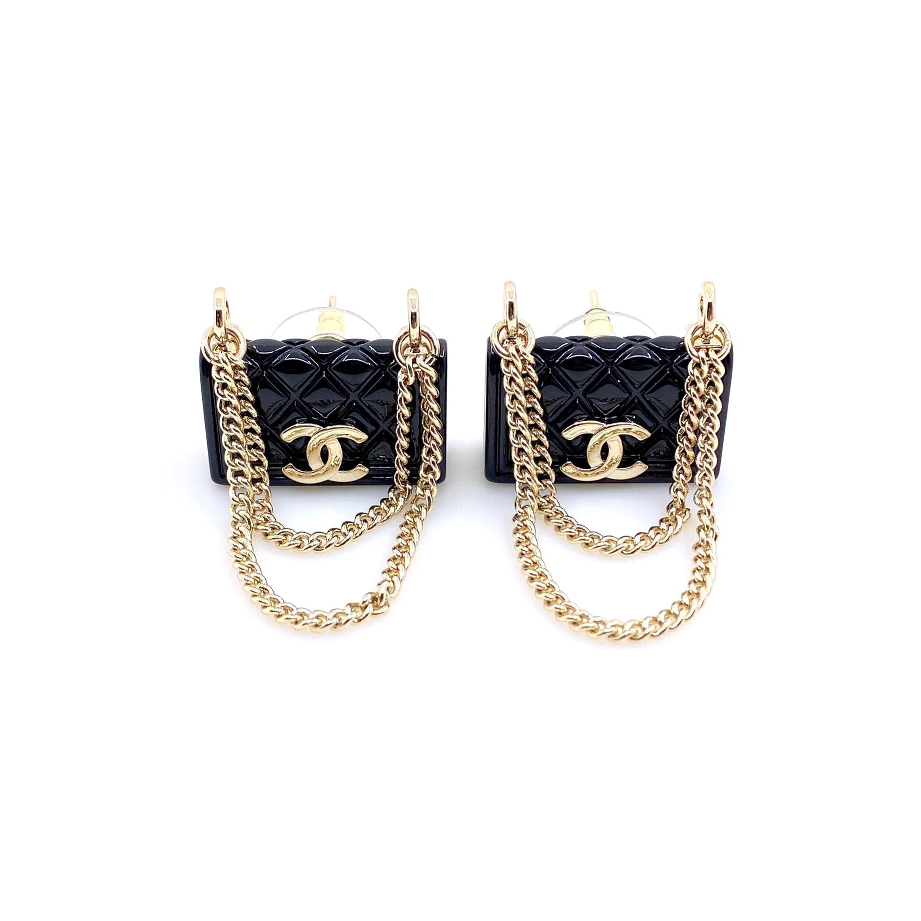 Chanel Black Bag Pendant 18K Gold Earrings