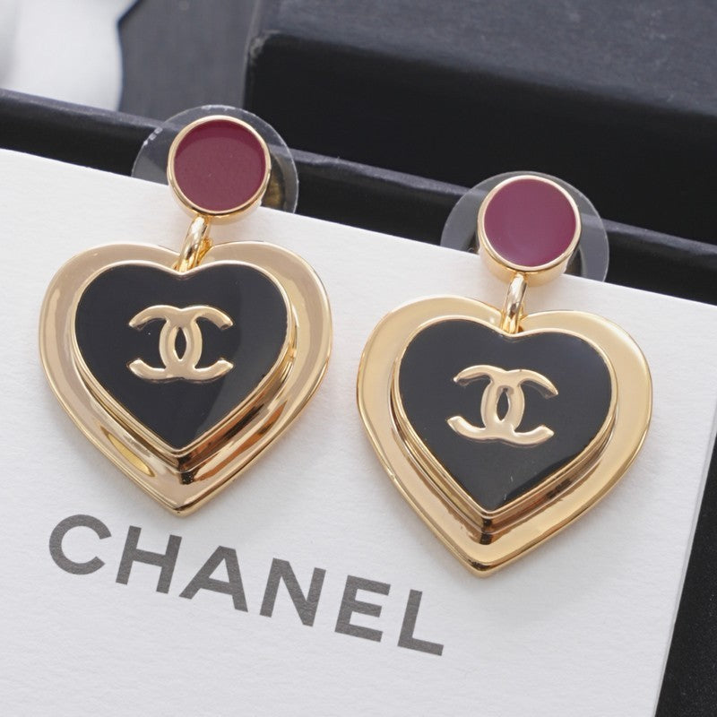 Chanel Black & Red Heart Gold 18K Gold Earrings