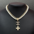 Chanel Cross Diamond Pearl Chain 18K Gold Necklace