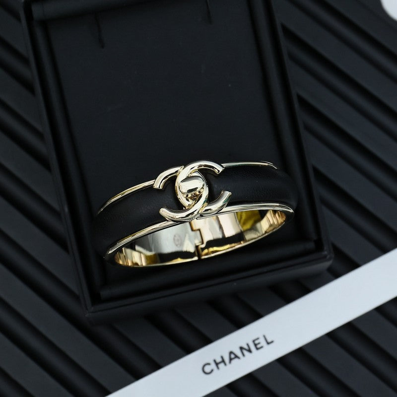 Chanel Black Leather Cuff 18K Gold Bracelet