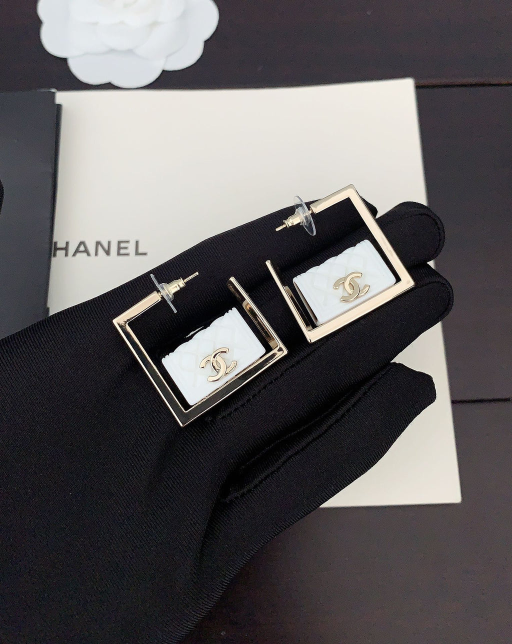 Chanel White Bag Pendant 18K Gold Earrings