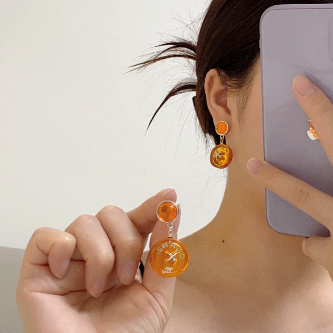 Chanel Orange Pendant 18K Gold Earrings