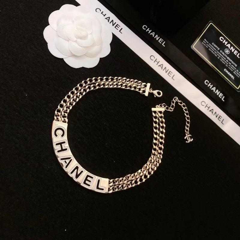Chanel White Logo Choker 18K Gold Necklace