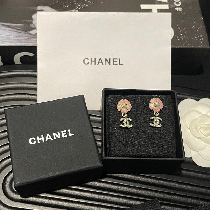 Chanel 26C Pink Camellia Diamond 18K Gold Earrings