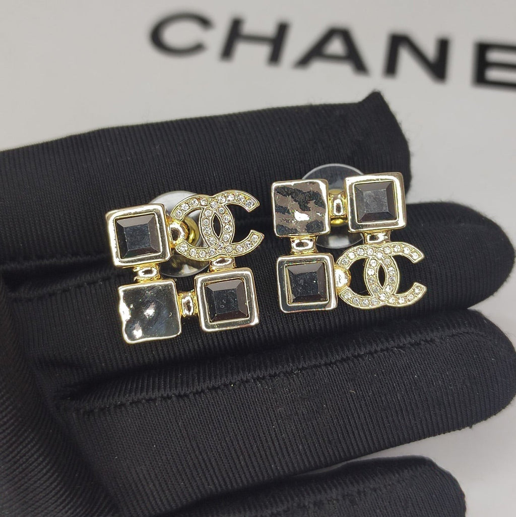 Chanel Black Crystals 18K Gold Earrings