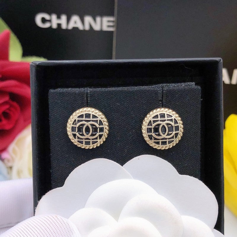Chanel Black & Gold Round 18K Gold Earrings