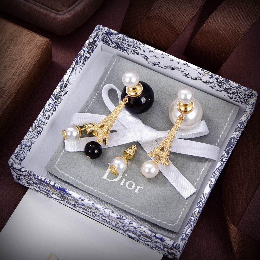 Dior Tribales Eiffel Tower Charm Black Pearls 18K Gold Earrings