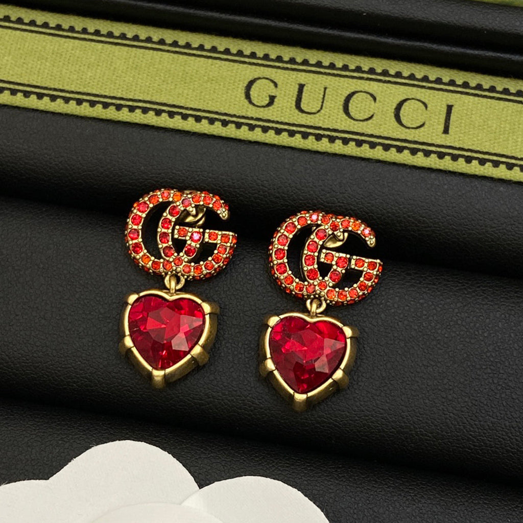Gucci Double Red Crystal 18K Gold Earrings