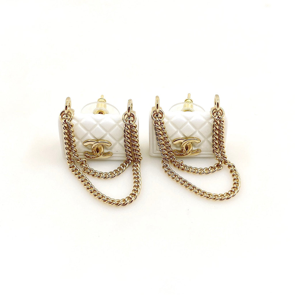 Chanel White Bag 18K Gold Earrings