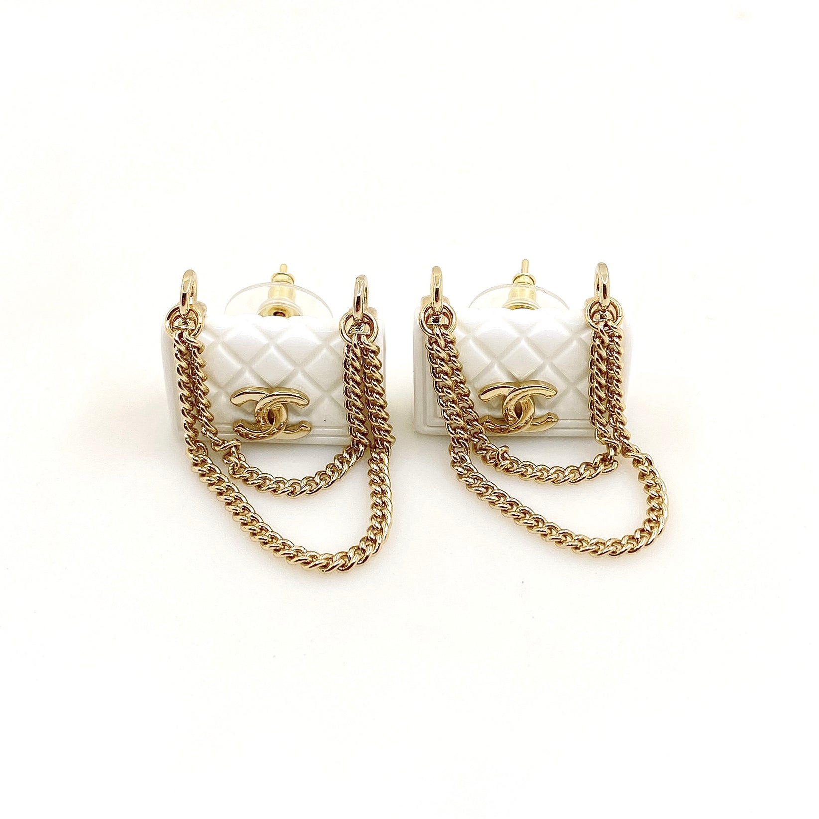 Chanel White Bag 18K Gold Earrings