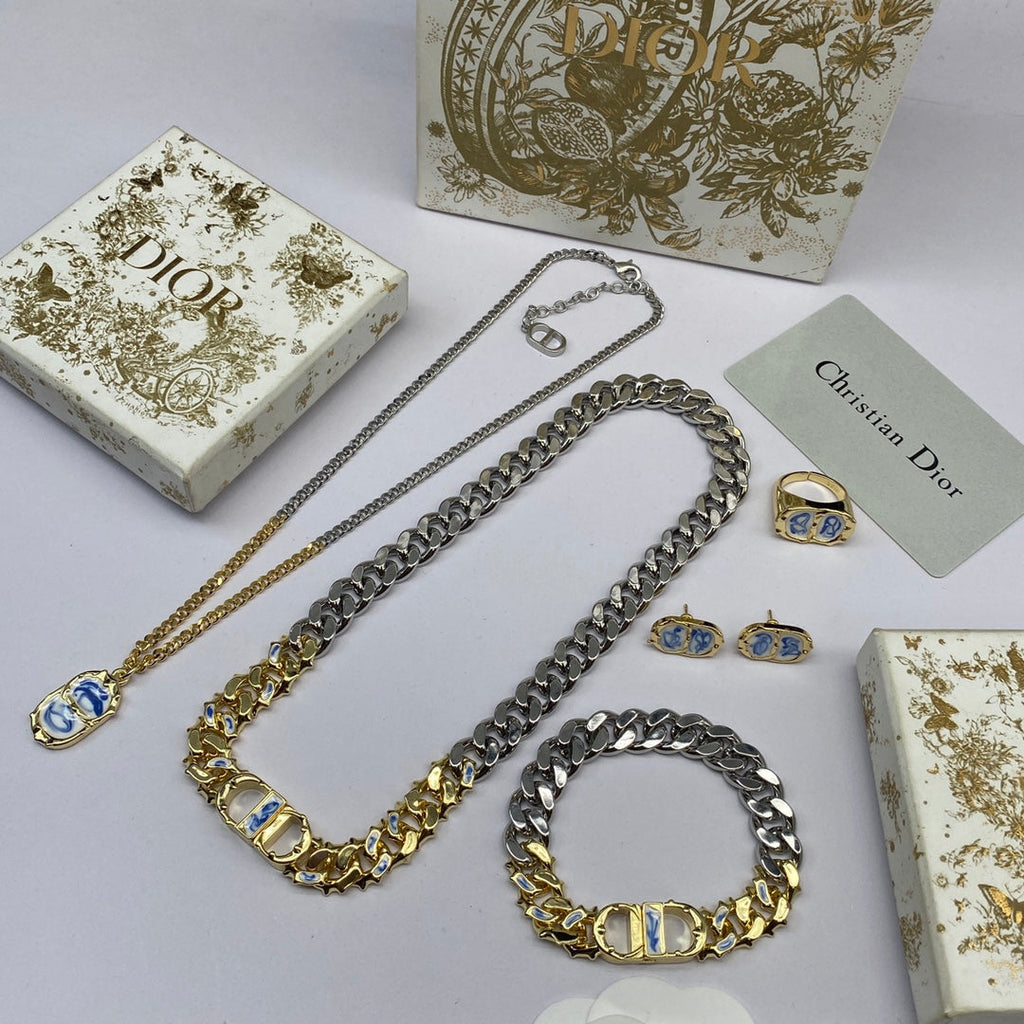 Dior Icon Chain Blue White Resin 18K Gold Necklace