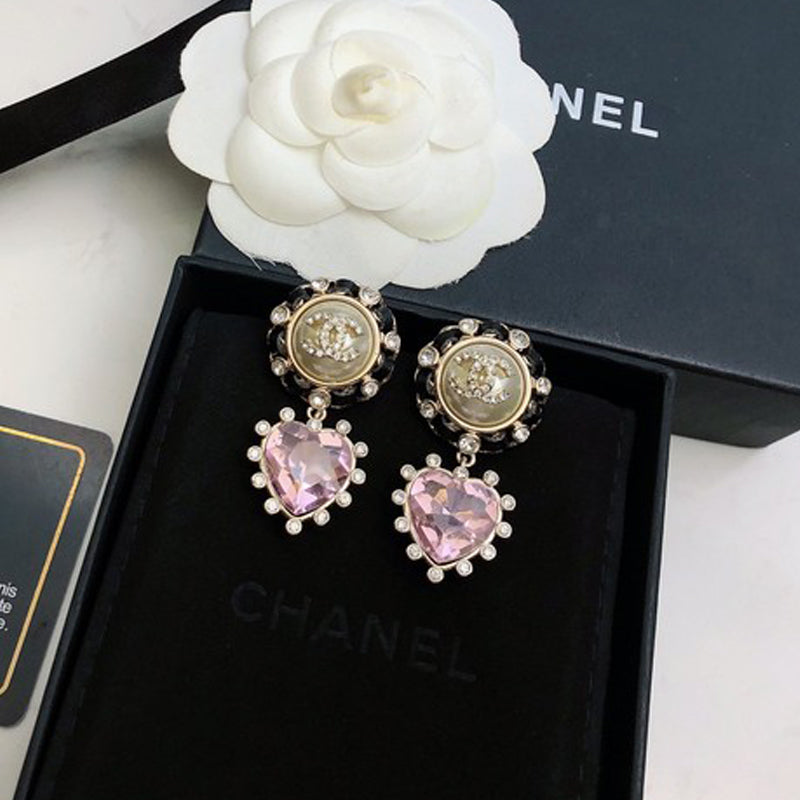 Chanel Heart Pink Crystal 18K Gold Earrings