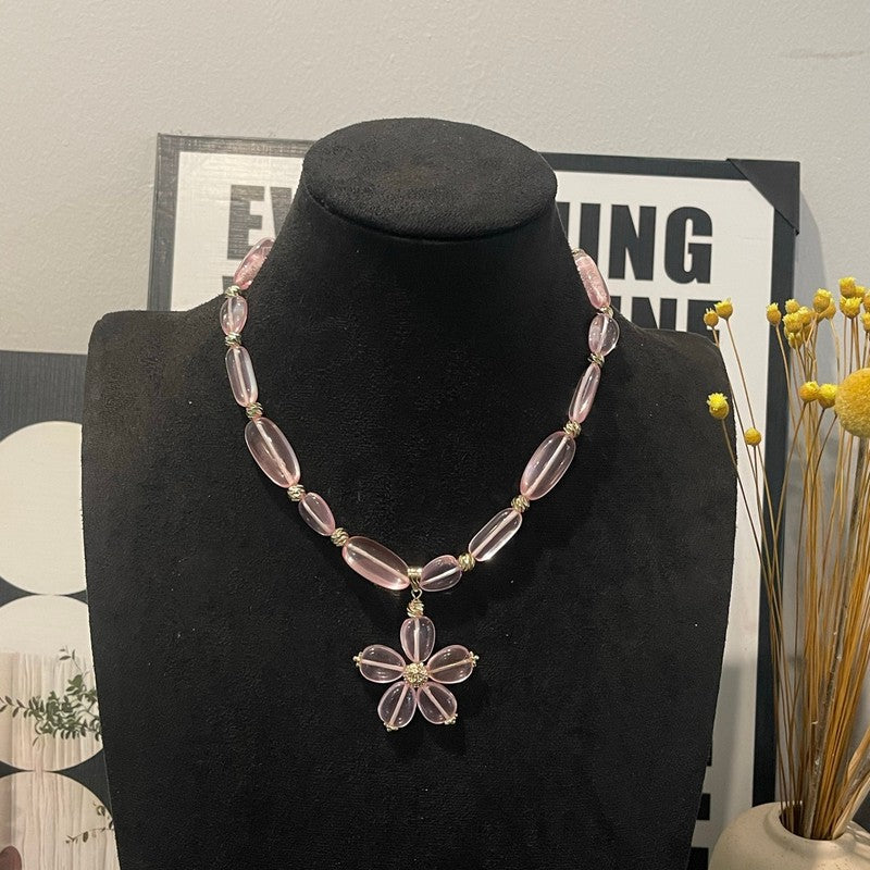 Chanel 26C Pink Crystal Flower 18K Gold Necklace