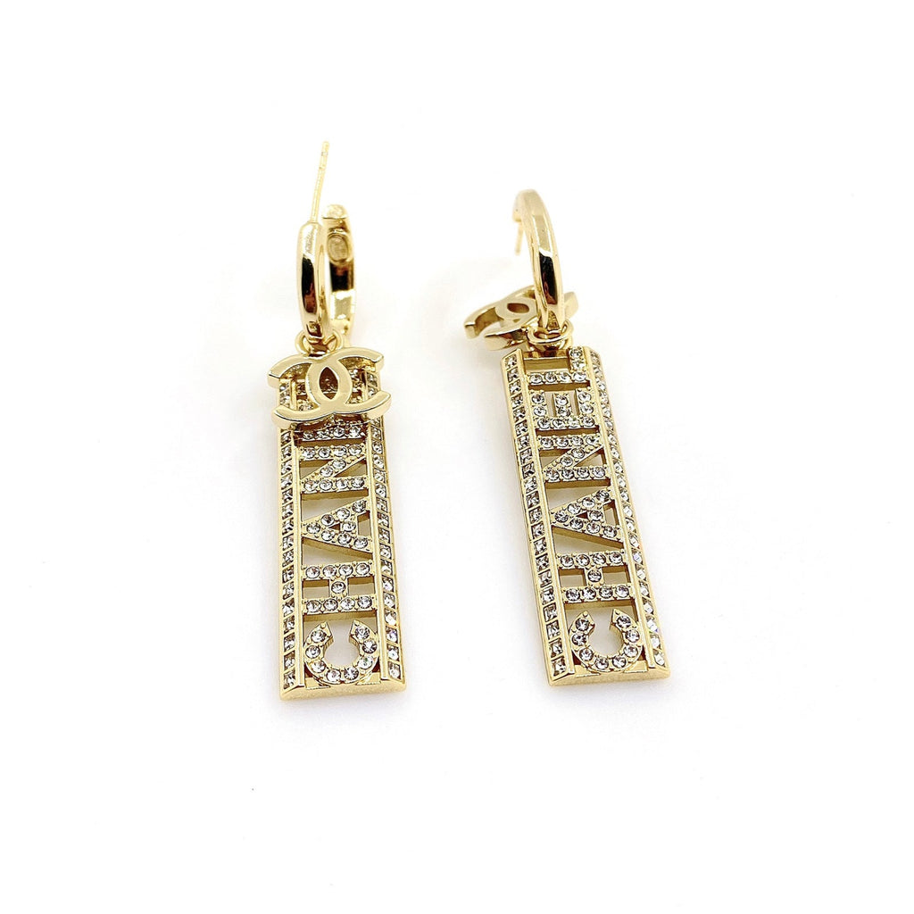 Chanel Crystals Long Letter 18K Gold Earrings