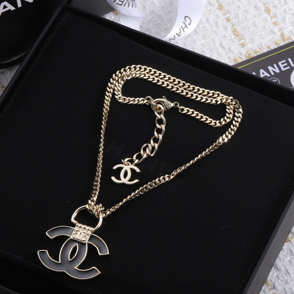 Chanel Black Resin Logo 18K Gold Necklace