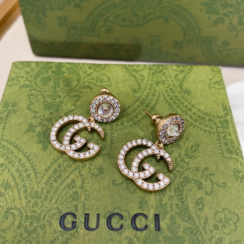 Gucci Double Crystal Pendant 18K Gold Earrings