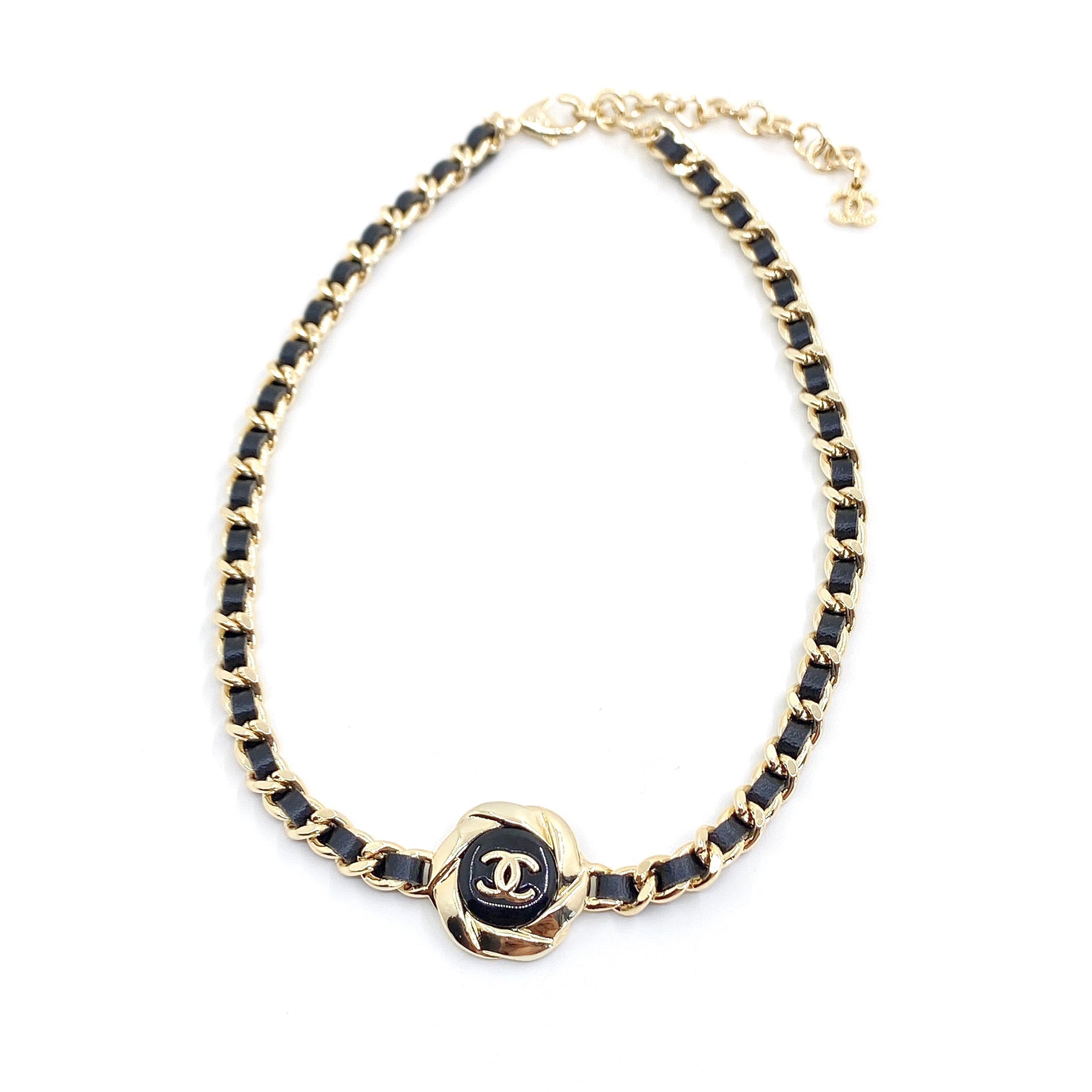 Chanel Rhinestone Leather Choker 18K Gold Necklace