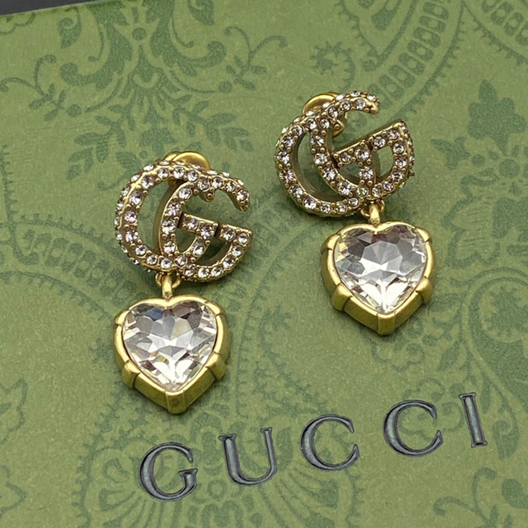 Gucci Double Crystal Pendant 18K Gold Earrings