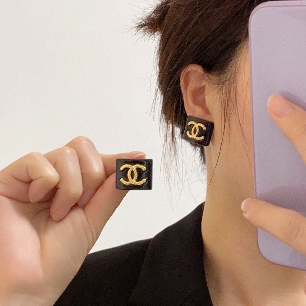 Chanel Black Resin Square 18K Gold Earrings