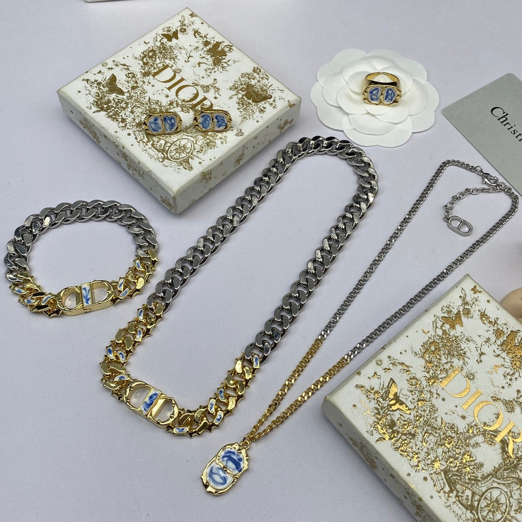 Dior Icon Chain Blue White Resin 18K Gold Necklace