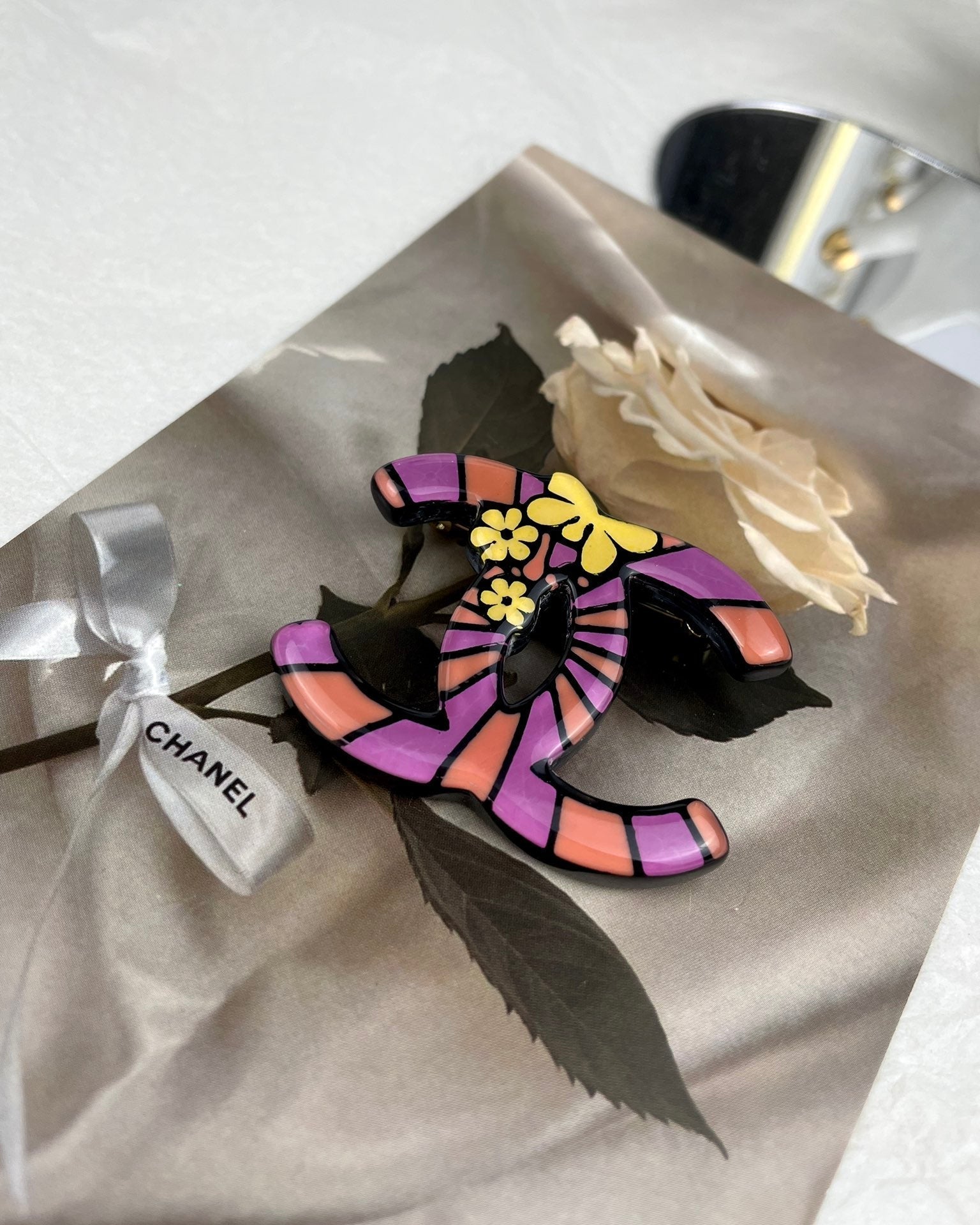 Chanel Pink Resin 18K Gold Brooch