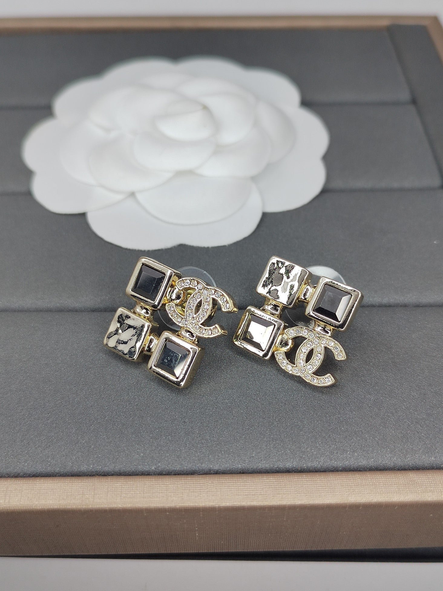 Chanel Black Crystals 18K Gold Earrings