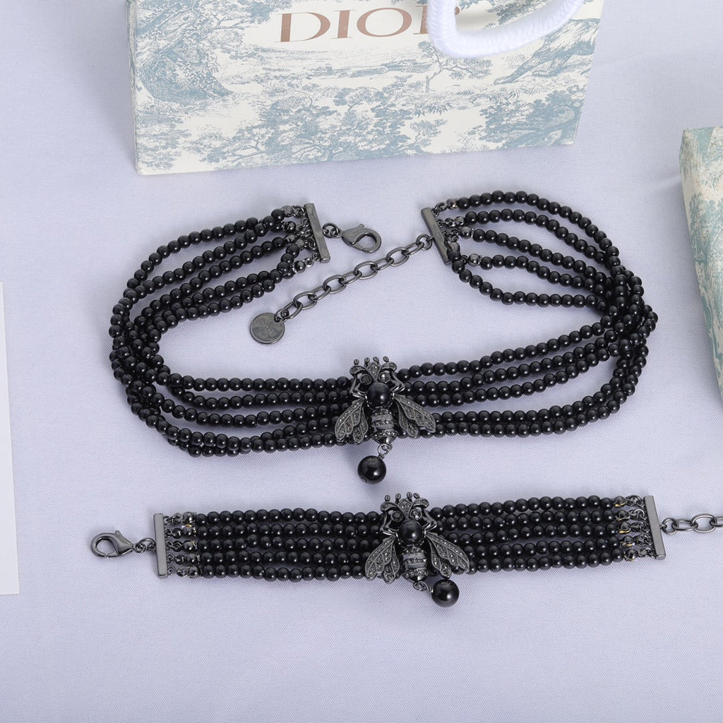 Dior Bee Black Pearls Chain 18K Gold Necklace