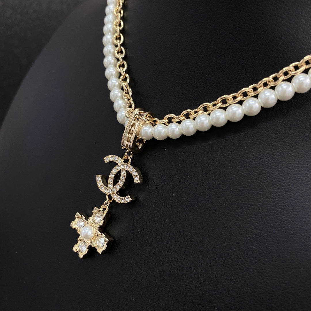 Chanel Cross Diamond Pearl Chain 18K Gold Necklace