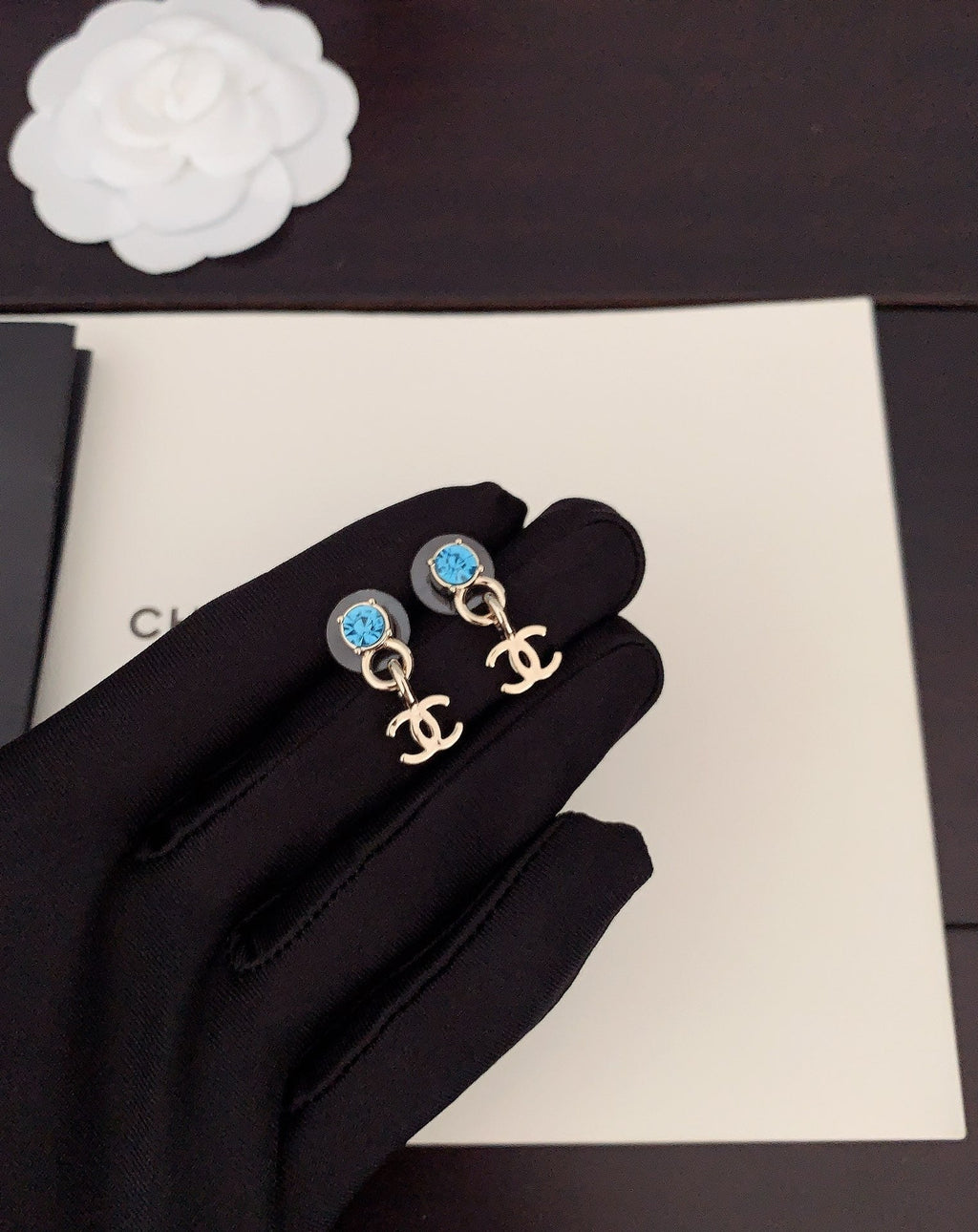 Chanel Blue Crystal 18K Gold Earrings