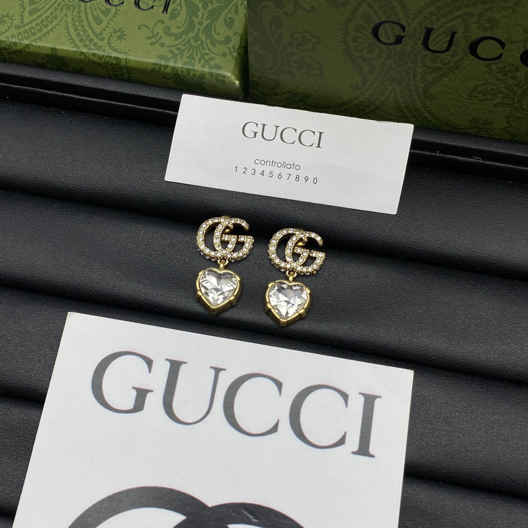 Gucci Double Crystal Pendant 18K Gold Earrings