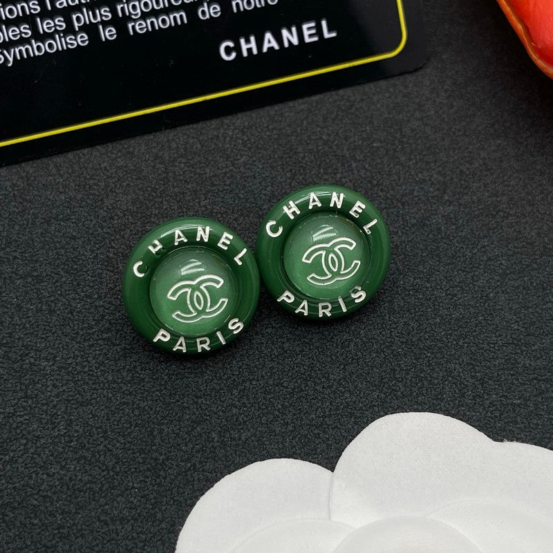 Chanel Green Round 18K Gold Earrings